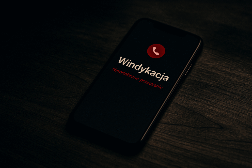 Telefon z napisem Windykacja – nieodebrane połączenie. Symbol stresu i presji telefonicznej windykacji.