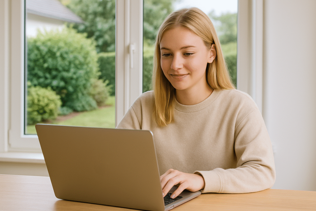 Młoda kobieta składająca wniosek o chwilówkę online na laptopie – szybkie pożyczki w internecie