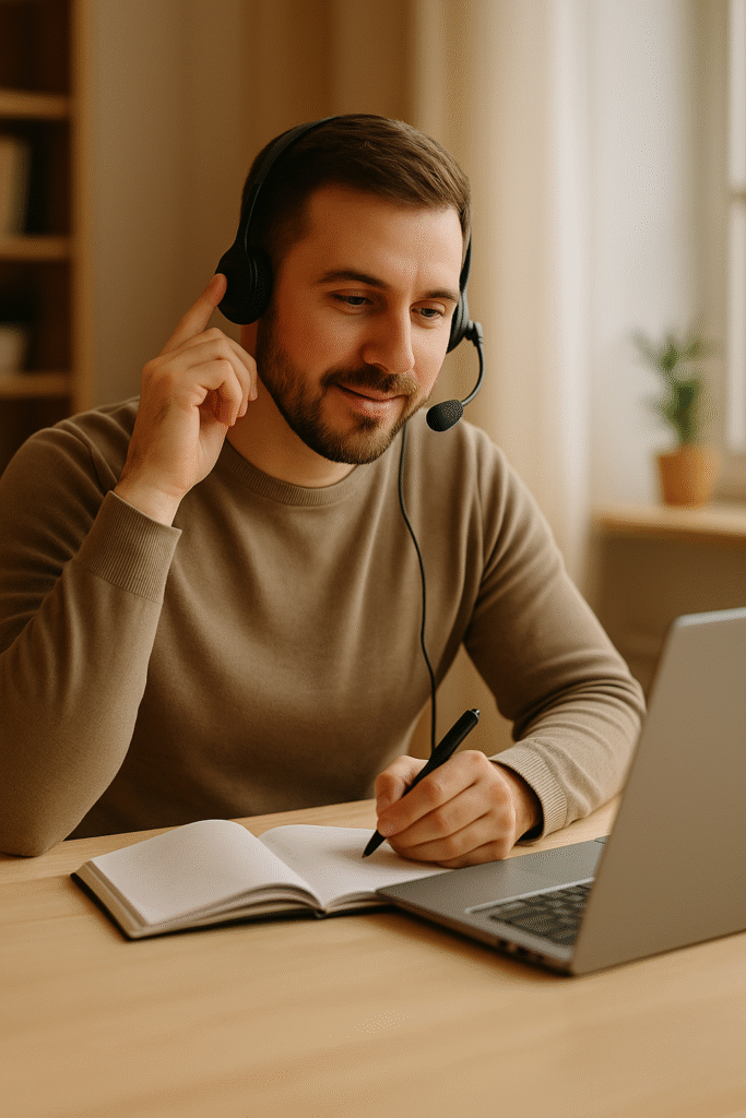 mężczyzna pracujący w biurze call center, spokojnie rozmawiający przez telefon z klientem