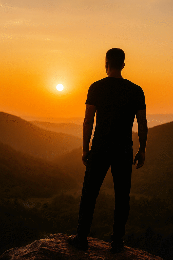 mężczyzna stojący na szczycie góry o wschodzie słońca symbol siły wolności i spokoju