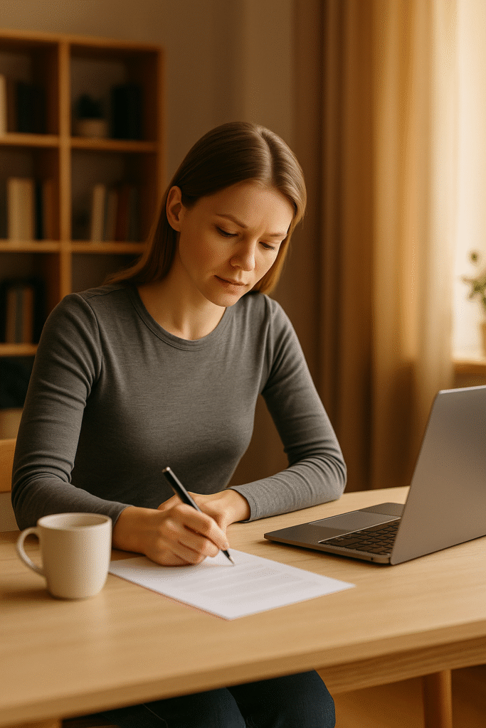 osoba spokojnie przygotowująca pismo do firmy windykacyjnej przy biurku z laptopem i kubkiem kawy