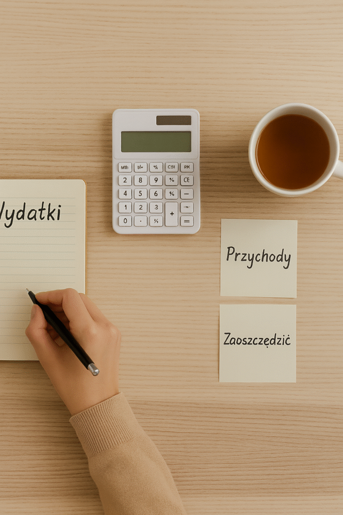 Planowanie budżetu domowego – notatnik, kalkulator i kubek herbaty na biurku.