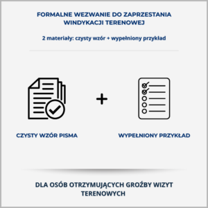 Grafika produktu – Formalne wezwanie do zaprzestania windykacji terenowej: czysty wzór pisma i wypełniony przykład dla osób otrzymujących groźby wizyt domowych lub nacisk ze strony windykacji.