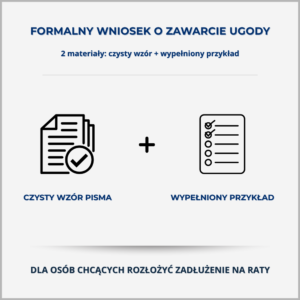 Grafika produktu – Formalny wniosek o zawarcie ugody dotyczącej spłaty zadłużenia w ratach: czysty wzór pisma i wypełniony przykład dla osób chcących rozłożyć zobowiązanie na raty.