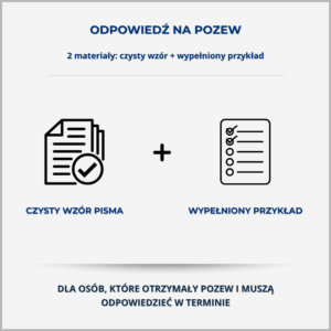 Grafika produktu – Odpowiedź na pozew: czysty wzór pisma i wypełniony przykład dla osób, które chcą zakwestionować roszczenie i muszą złożyć odpowiedź w terminie.