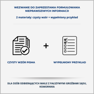 Grafika produktu – Wezwanie do zaprzestania formułowania nieprawidłowych informacji o rzekomym postępowaniu sądowym lub komorniczym: czysty wzór i wypełniony przykład dla osób otrzymujących fałszywe groźby windykacyjne.
