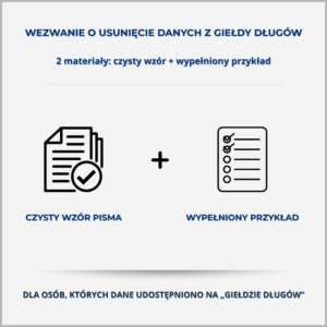 Grafika produktu „Wezwanie o usunięcie danych z giełdy długów” – czysty wzór pisma i wypełniony przykład dla osób, których dane opublikowano bez zgody.