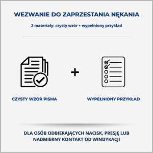Grafika produktu – Wezwanie do zaprzestania nękania: czysty wzór pisma i wypełniony przykład dla osób doświadczających presji, uporczywych telefonów lub agresywnego kontaktu windykacji.
