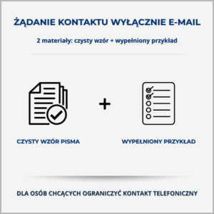 Grafika produktu „Żądanie kontaktu wyłącznie e-mail” – czysty wzór pisma i wypełniony przykład dla osób chcących ograniczyć kontakt telefoniczny windykacji