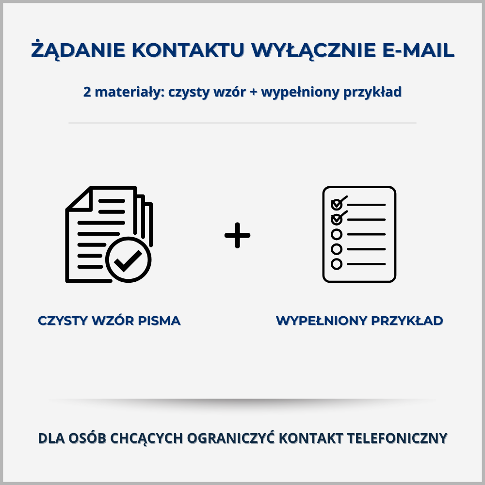 Żądanie kontaktu wyłącznie e-mail – grafika produktu Grafika produktu „Żądanie kontaktu wyłącznie e-mail” – czysty wzór pisma i wypełniony przykład dla osób chcących ograniczyć kontakt telefoniczny windykacji