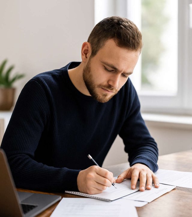 Mężczyzna analizuje dokumenty finansowe – pierwsze kroki w wychodzeniu z chwilówek