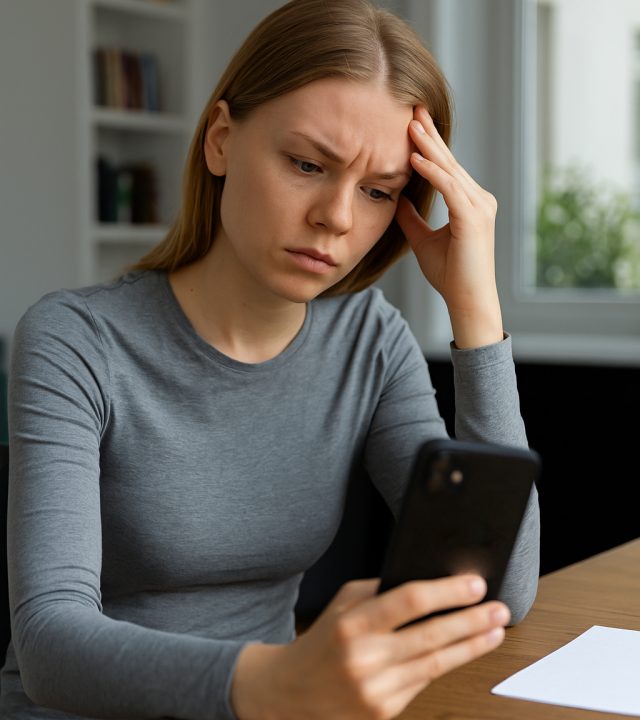 Zestresowana kobieta patrzy na telefon – presja windykacji i nękających SMS-ów
